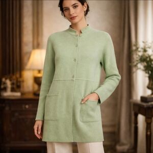 Eileen Fisher Green Tunic Long Blazer Jacket Knit Silk Blend Quiet Luxury Sz Mp